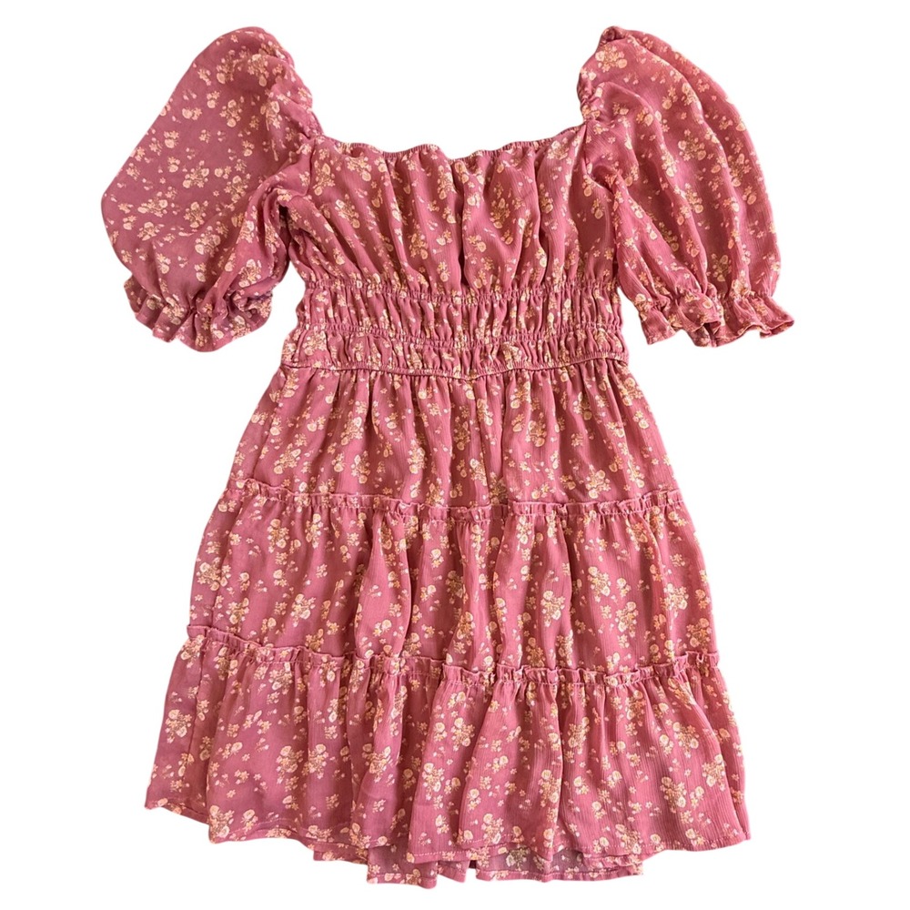 Trixxi Floral Mini Dress Womens L Pink Smocked Waist Puff Sleeve Ruffle Tiered